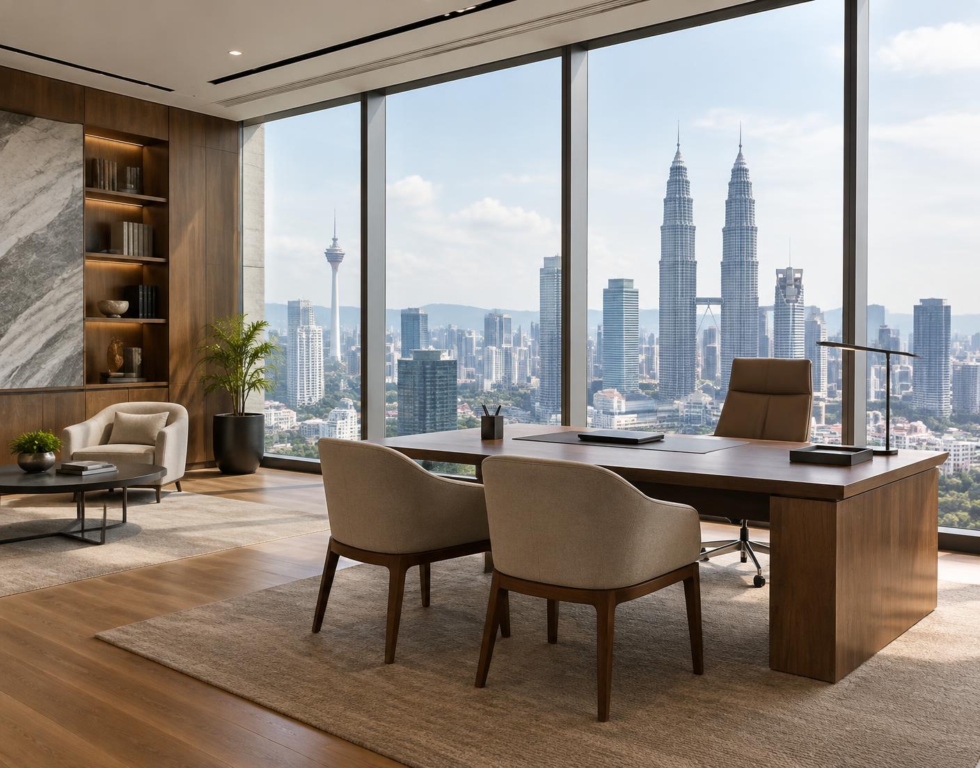 Modern law office interior overlooking Kuala Lumpur